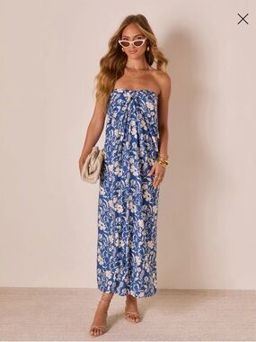 Vici Blue Floral Strapless Maxi Dress